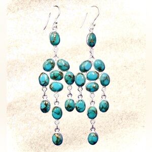 NWT Genuine Turquoise & 925 Sterling Silver Chandelier Dangle Earrings